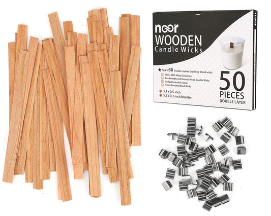 Wood Wicks for Candles Making - NOOR 50 Pieces Smokeless Wooden Wicks with Booster