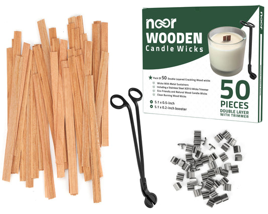 Wood Wicks for Candles Making with Trimmer - NOOR 50 Pieces Smokeless Wooden Wicks with Booster